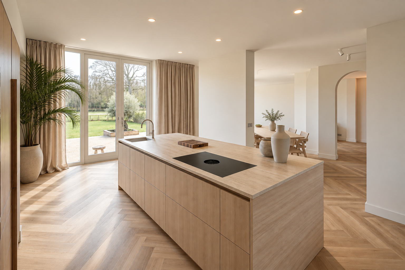 Lichte leefkeuken met houten maatwerk
