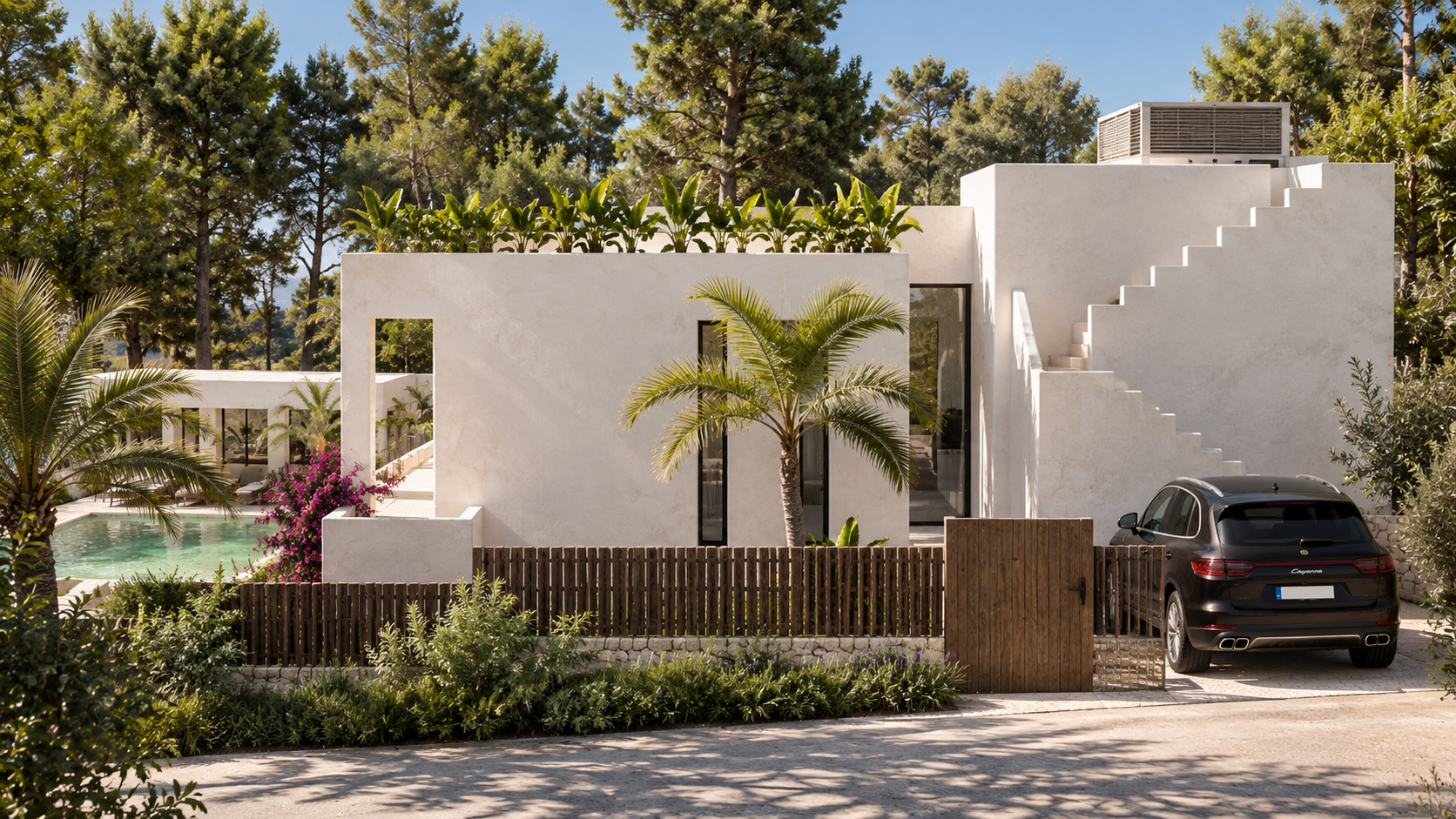 Entreezijde van de moderne villa op Ibiza